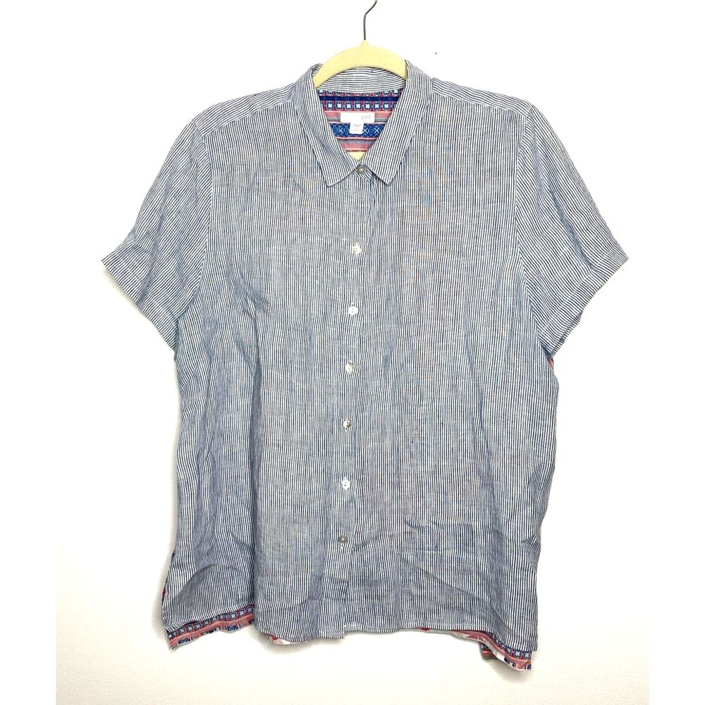 J Jill Linen Blue White Striped Short Cap Sleeve Button Down Floral Back Top LP - Picture 2 of 12